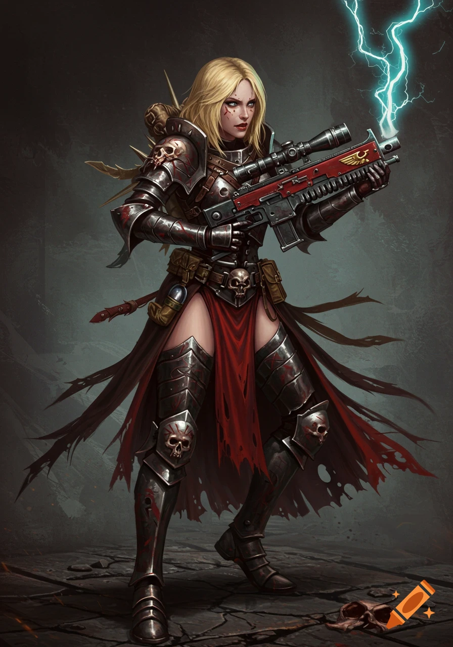 A blonde female warrior in dark, blood-spattered armor and a torn red skirt stands holding a sniper rifle, with lightning crackling above.