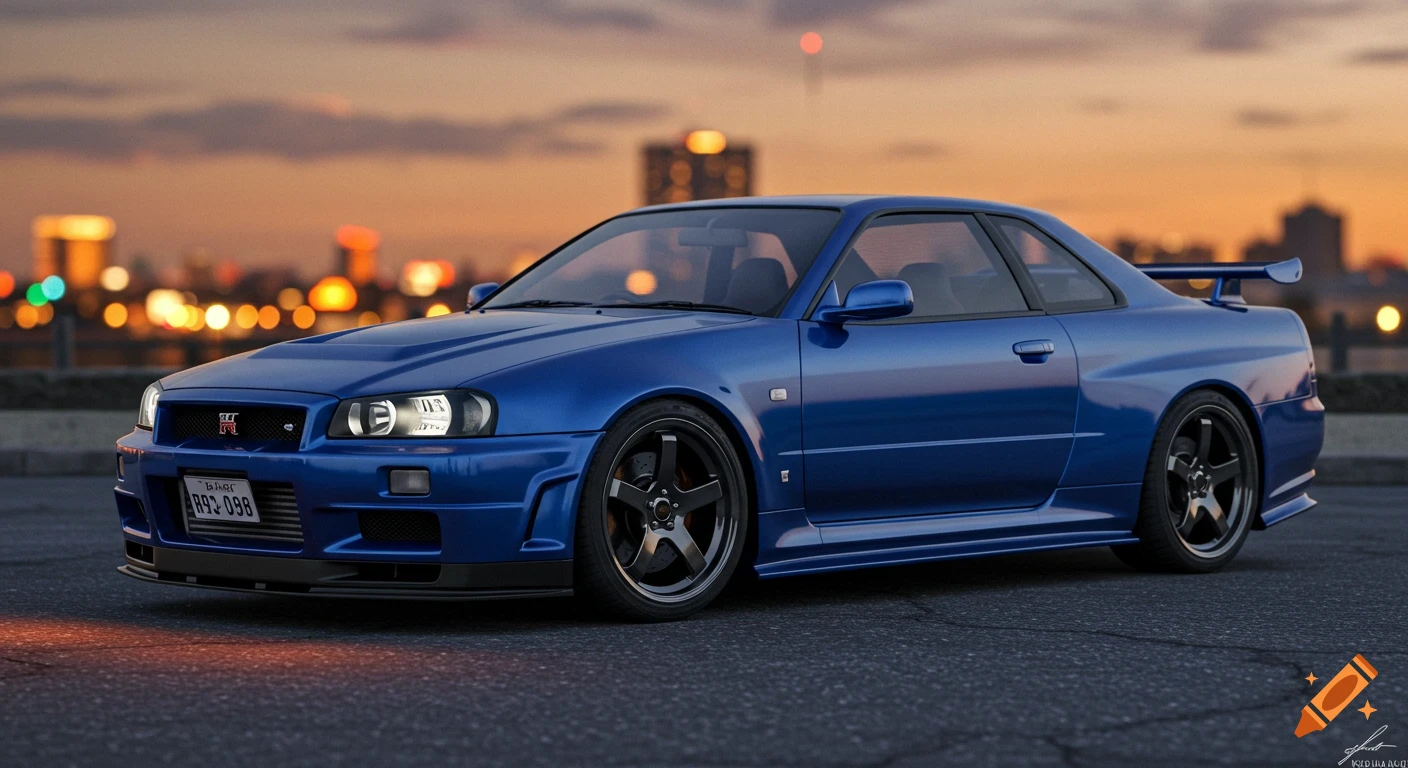 A blue Nissan R34 GT-R sports car parked on asphalt at sunset with a city skyline in the background, photorealistic style.