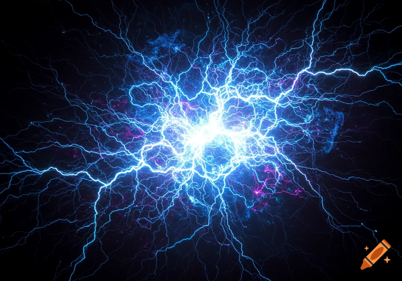 Bright blue and purple electrical static energy bursting from a central point on a dark background.
