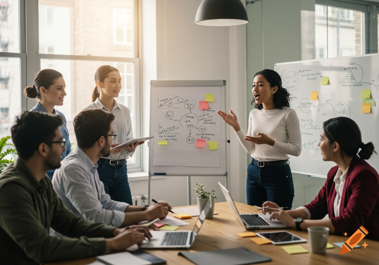 A diverse group of marketers in a modern office meeting, with one woman presenting at a whiteboard, photorealistic.