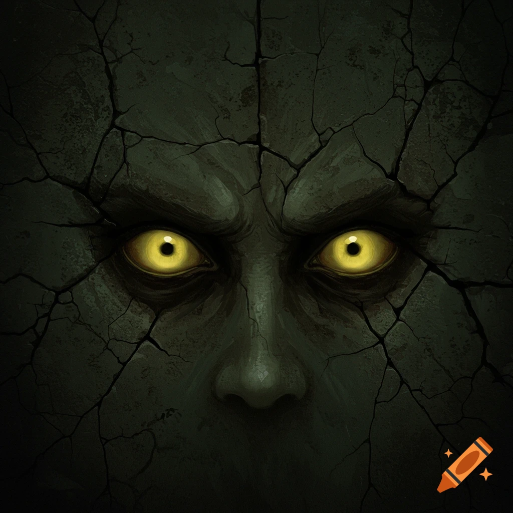 Close-up of a monstrous face with glowing yellow eyes embedded in cracked dark stone.