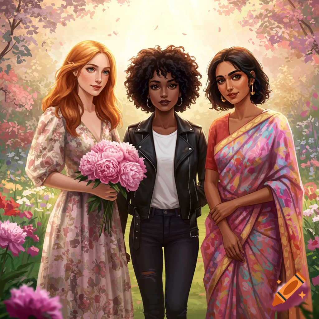 Three diverse women stand in a lush, sunlit garden with pink flowers in an illustrative style. One holds a bouquet of peonies.