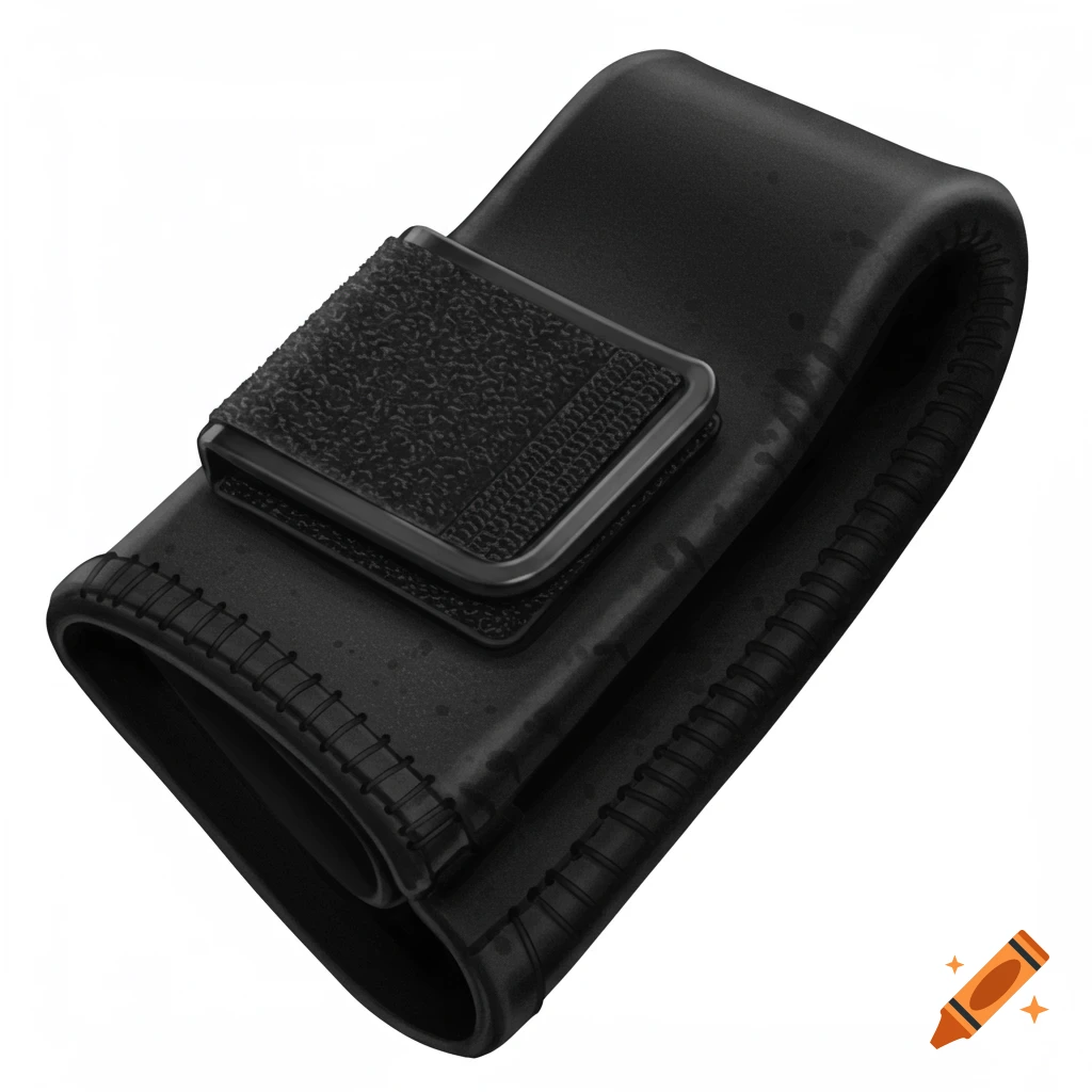 Black neoprene cable sleeve with a velcro strap, folded on a white background.