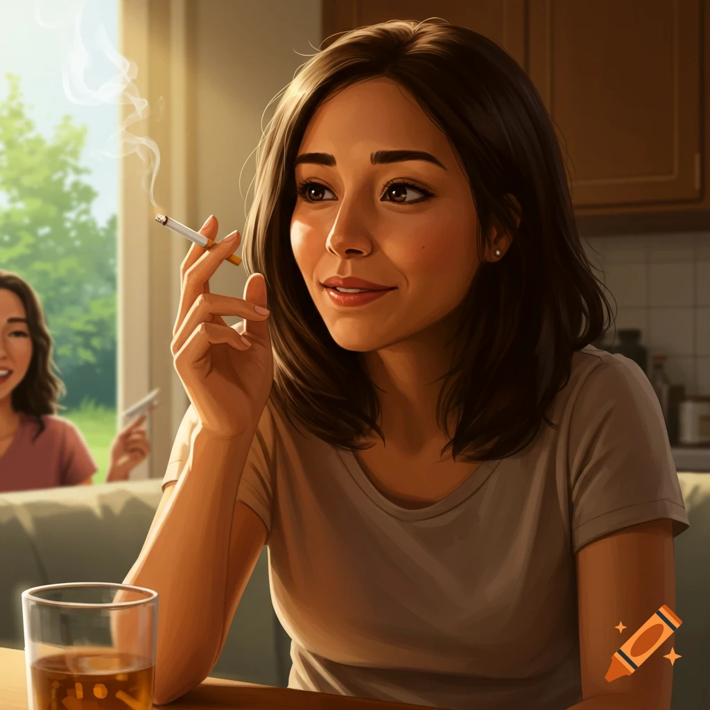 Digital illustration of a smiling woman holding a lit cigarette and a drink, with sunlight from a window behind her.