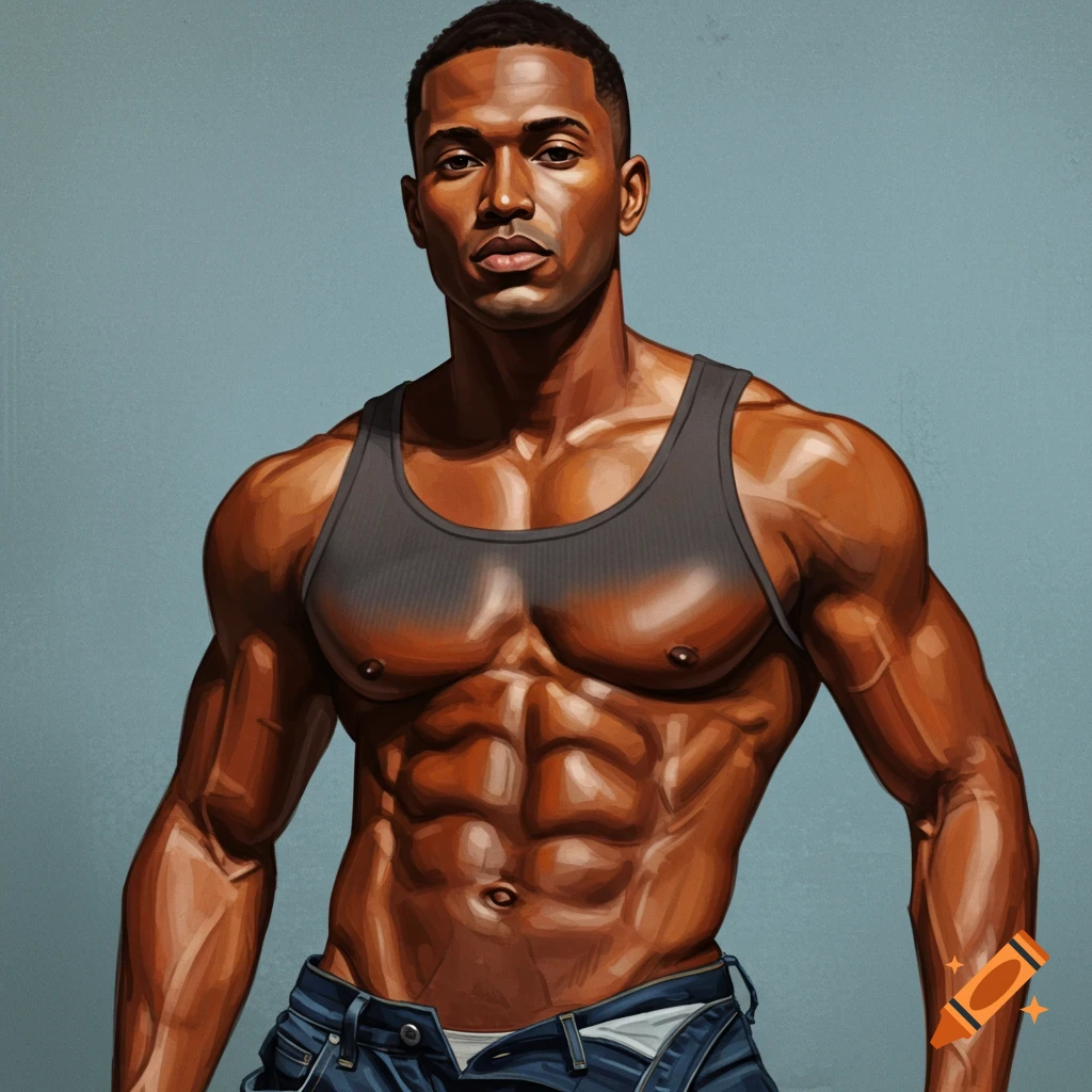 A muscular mixed-race man in a grey tank top and jeans stands against a blue background, depicted in a digital painting style.