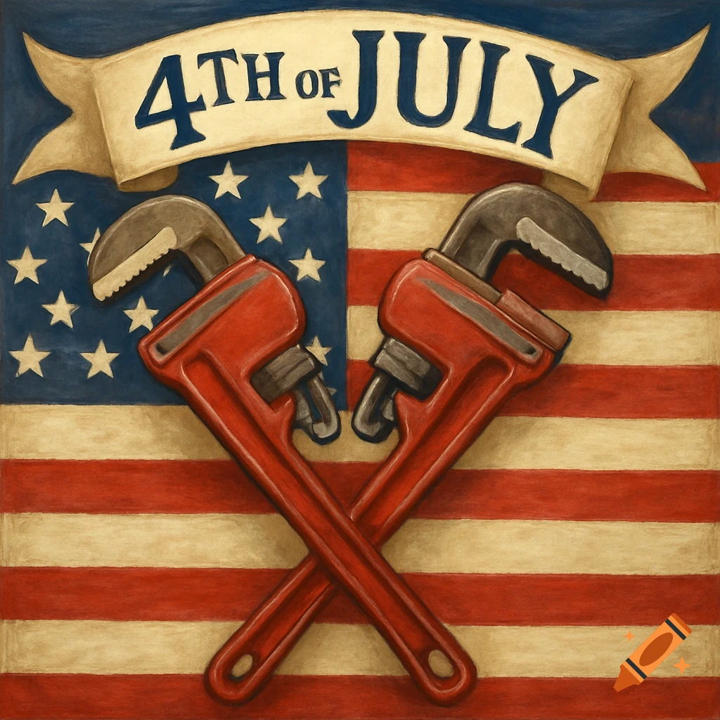 An illustrative image of two red pipe wrenches crossed over an American flag, with a banner above reading '4TH OF JULY'.