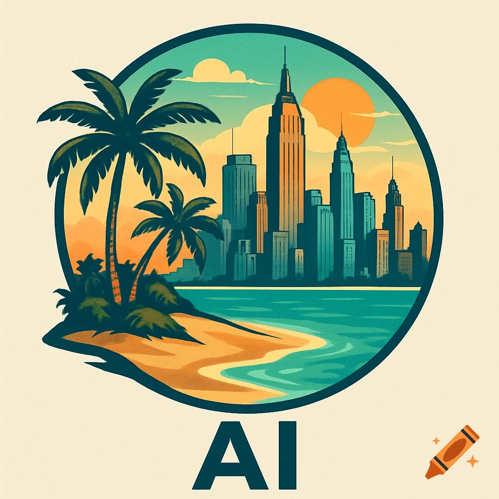 Stylized logo of a tropical beach and city skyline with skyscrapers and palm trees, with 'AI' below.