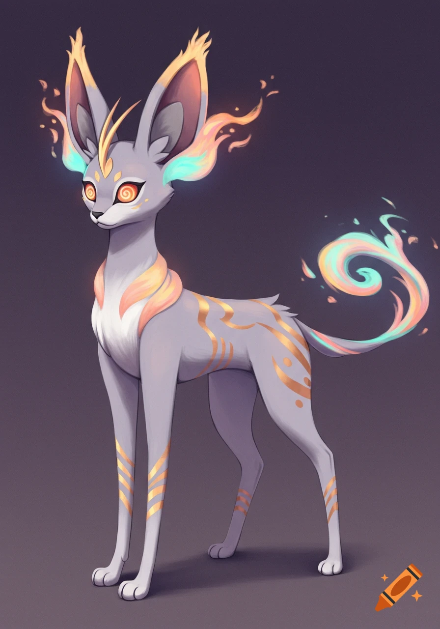 An elegant, lavender-gray fantasy creature with large ears and a long tail, adorned with golden markings and colorful glowing flames.