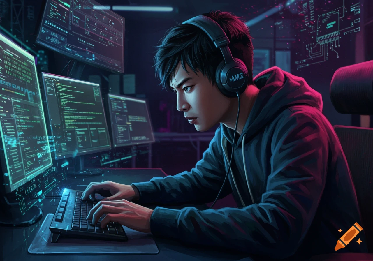 A young man with headphones intently types on a keyboard in front of multiple computer screens displaying green code, in a cyberpunk anime style.