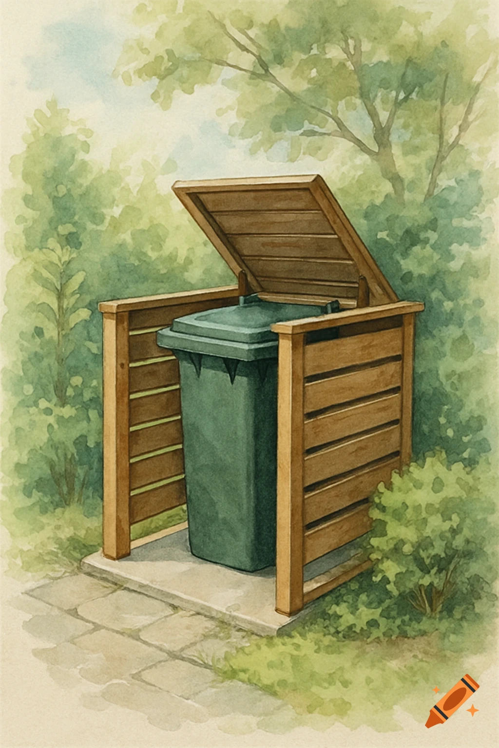 A green wheelie bin enclosed in a wooden structure outdoors, surrounded by trees and bushes, in a watercolor style.