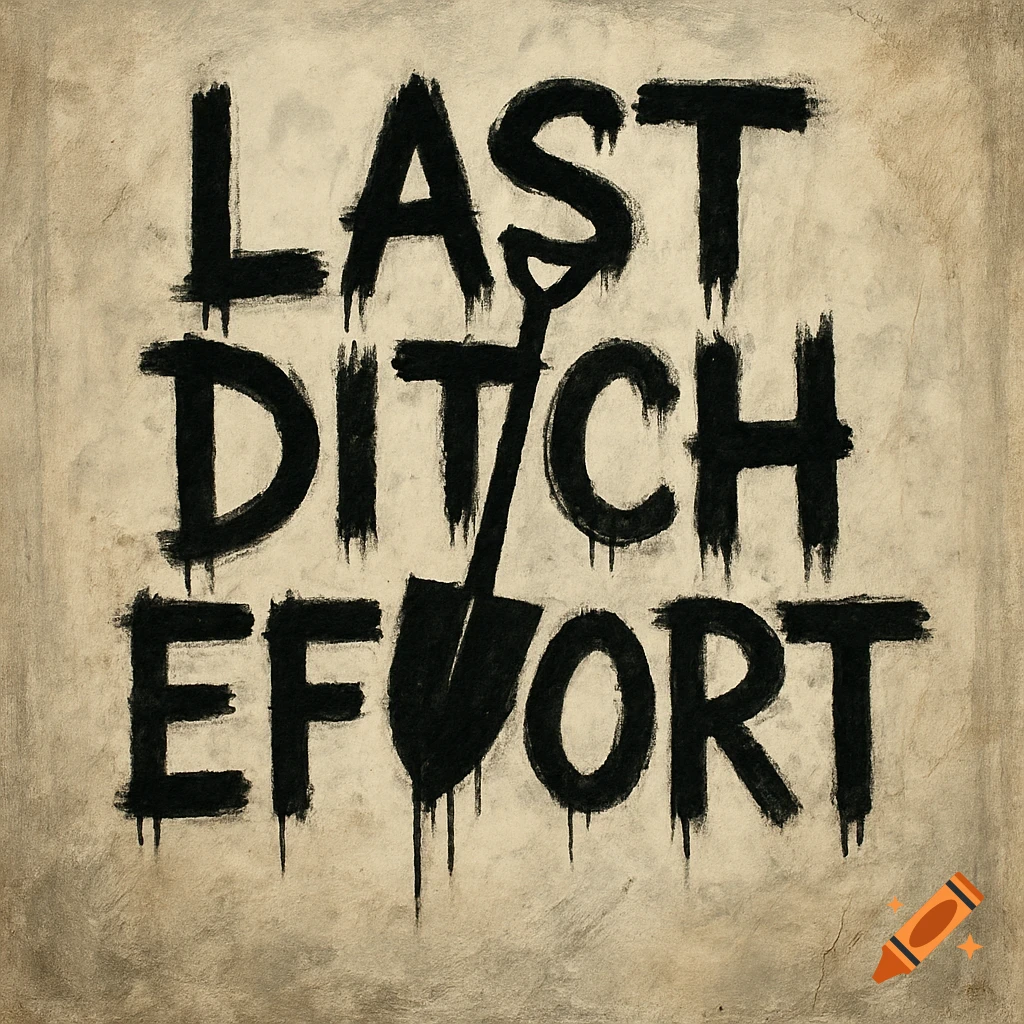 Black graffiti text 'Last Ditch Effort' with a shovel replacing the 'i' in Ditch on a textured brown background.