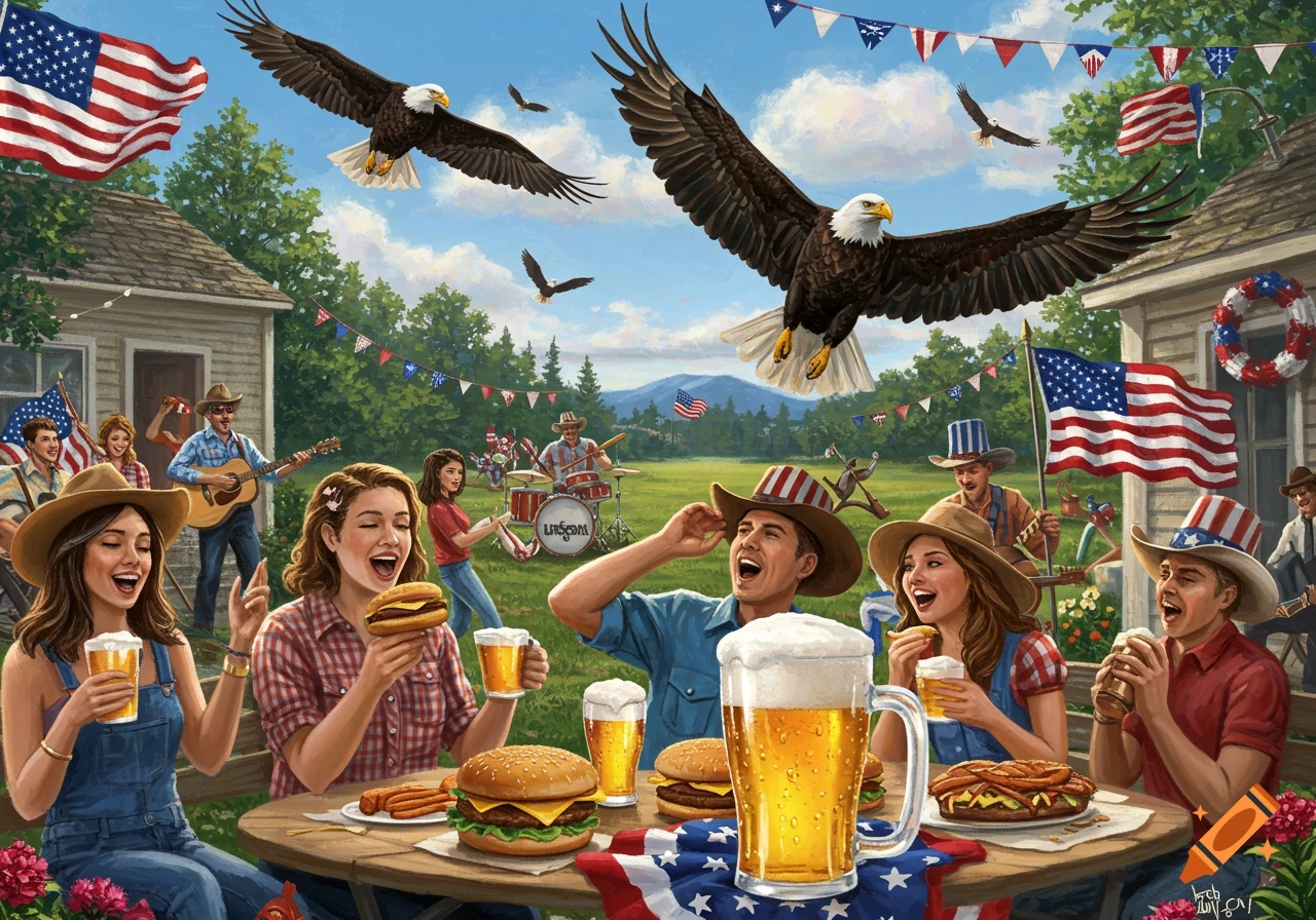 An illustrative scene of a 4th of July party with people eating burgers and drinking beer, bald eagles flying overhead, American flags, and a band playing country music.