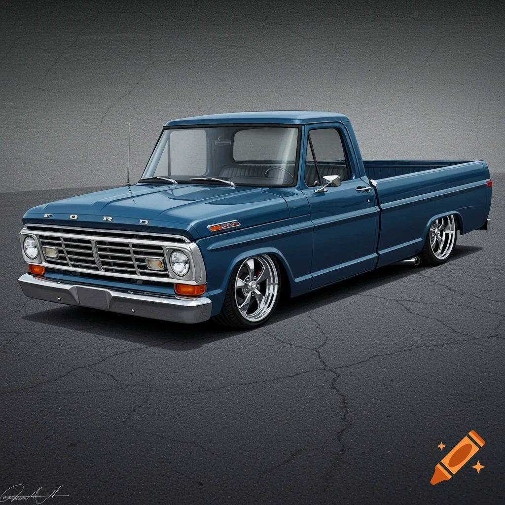 A dark blue lowered classic Ford F-100 pickup truck parked on asphalt.
