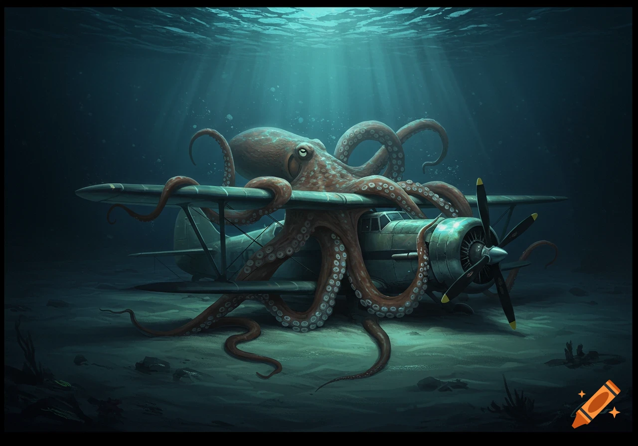 A giant octopus rests on a biplane at the dark, sandy bottom of the ocean, with light rays piercing the water from above.