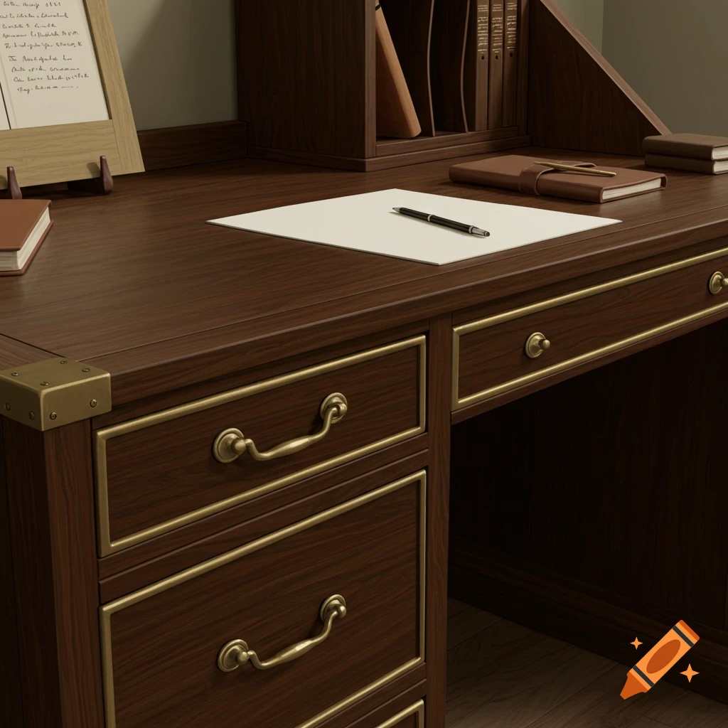 A close-up of a dark wooden office desk with brass accents, a blank paper, pen, and notebook.