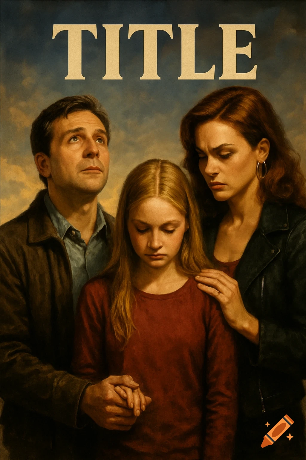 A dramatic, painterly image of a man looking up, a solemn girl looking down, and a serious woman, with "TITLE" at the top.
