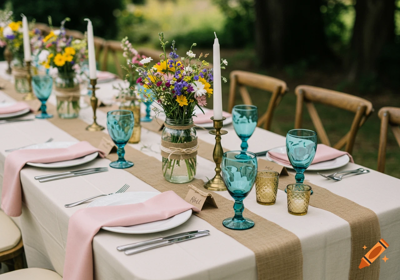 A rustic wedding table setting outdoors, featuring a warm ivory tablecloth, a burlap runner, blush pink napkins, blue vintage glassware, jam jars with colorful wildflowers, and ivory candles in gold holders.