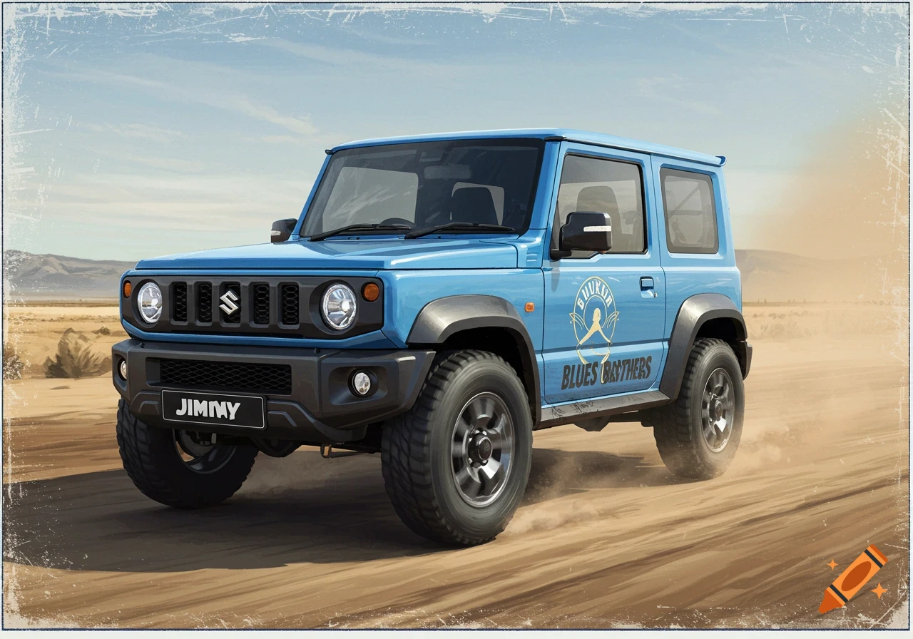 Blue Suzuki Jimny off-road vehicle with "Blues Brothers" branding driving on a dirt road in a desert landscape.