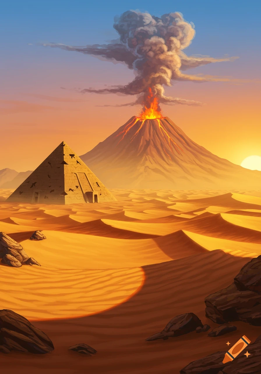 A stylized illustration of a desert landscape with sand dunes, an ancient pyramid, and an erupting volcano under a vibrant sky.