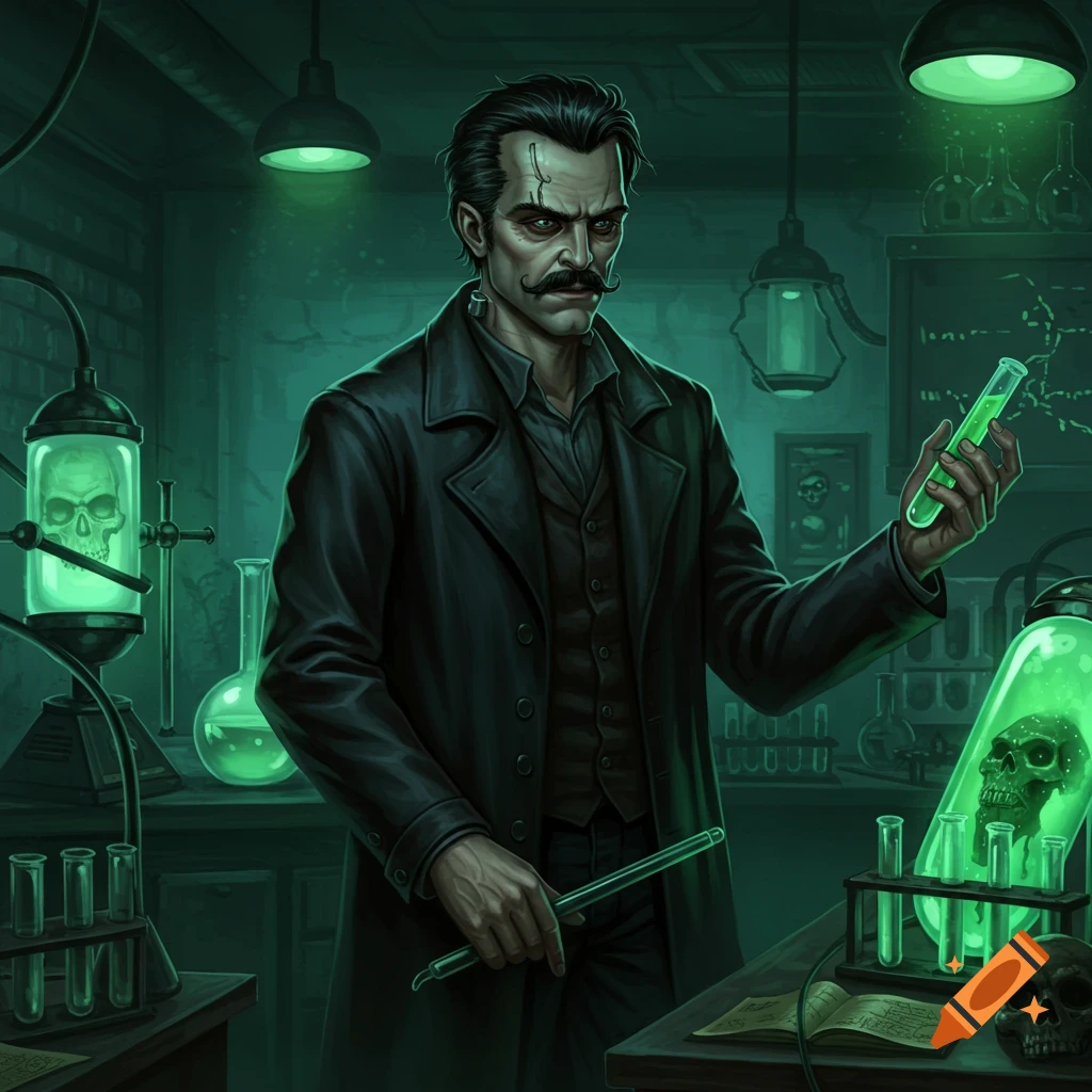 A dark-haired man with a mustache and sutures, resembling Frankenstein, holds a glowing green test tube in a gothic science laboratory with skulls and beakers.