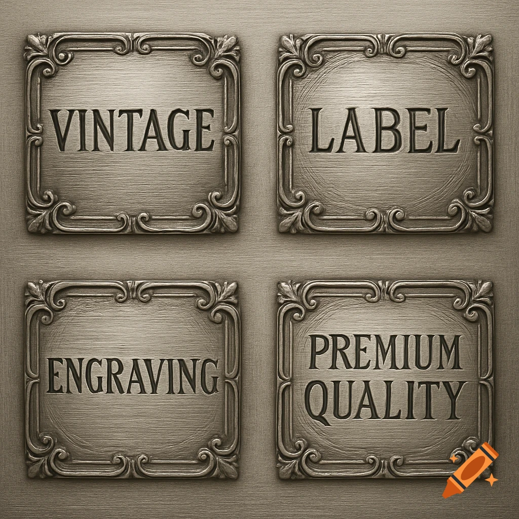 Four square vintage engraved metallic labels with filigree borders, displaying the words 'VINTAGE', 'LABEL', 'ENGRAVING', and 'PREMIUM QUALITY'.