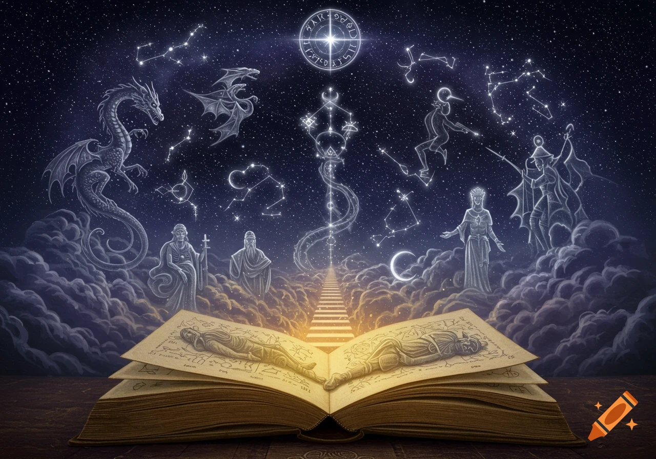 A mystical night sky with glowing constellations and archetypal figures above an open book with illustrated human forms.