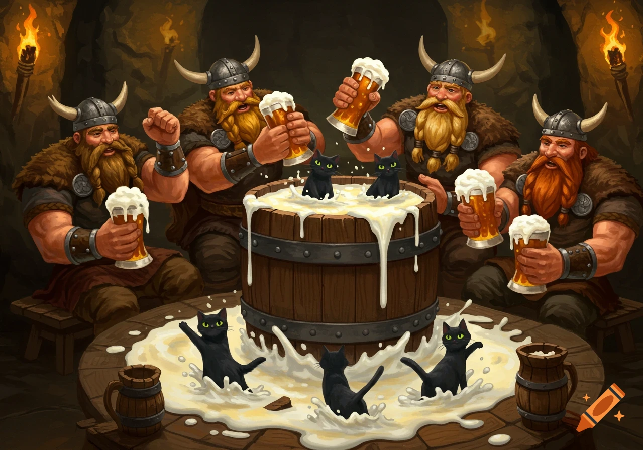 Four cartoon Vikings with horned helmets and beards cheer while drinking beer around a wooden barrel of milk with black cats swimming in it.