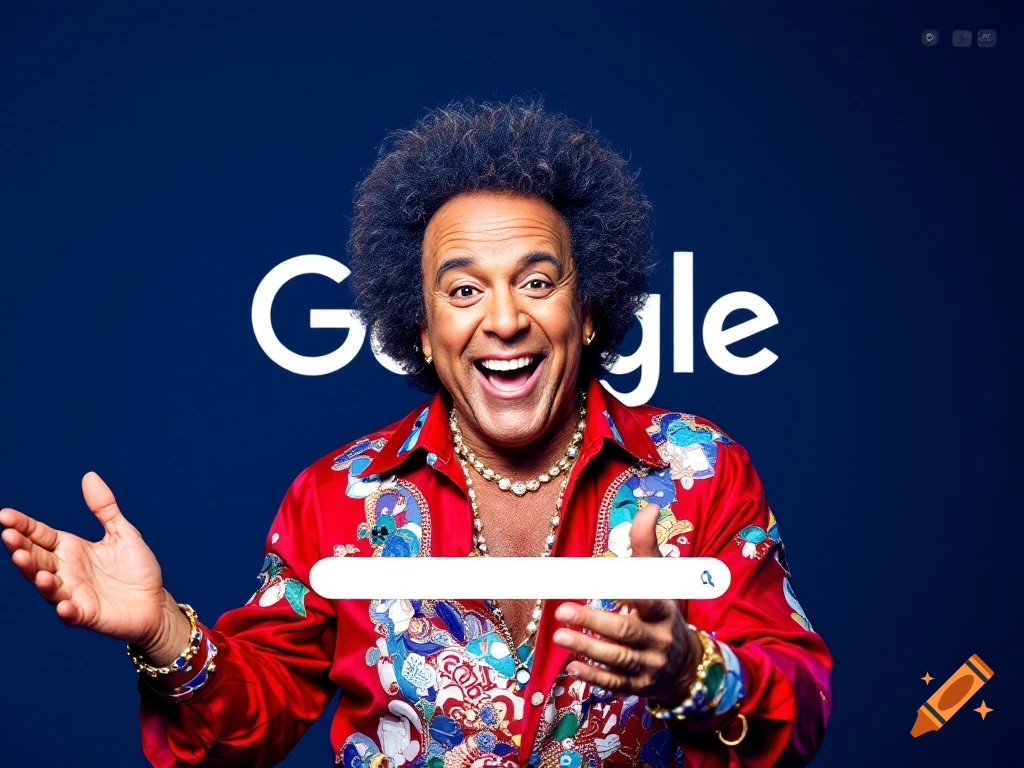 Smiling Richard Simmons with an afro in a colorful shirt, standing in front of a Google logo and search bar.