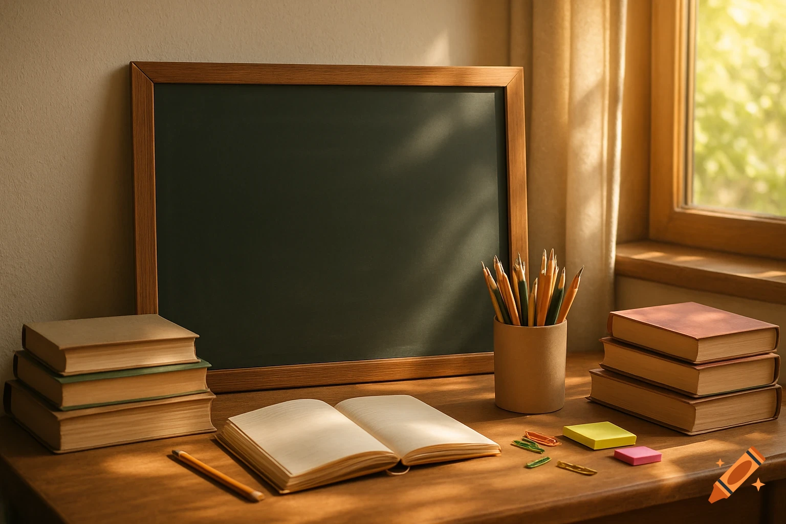 A cozy, sunlit desk with a blank chalkboard, stacks of books, an open notebook, pencils, and school supplies.