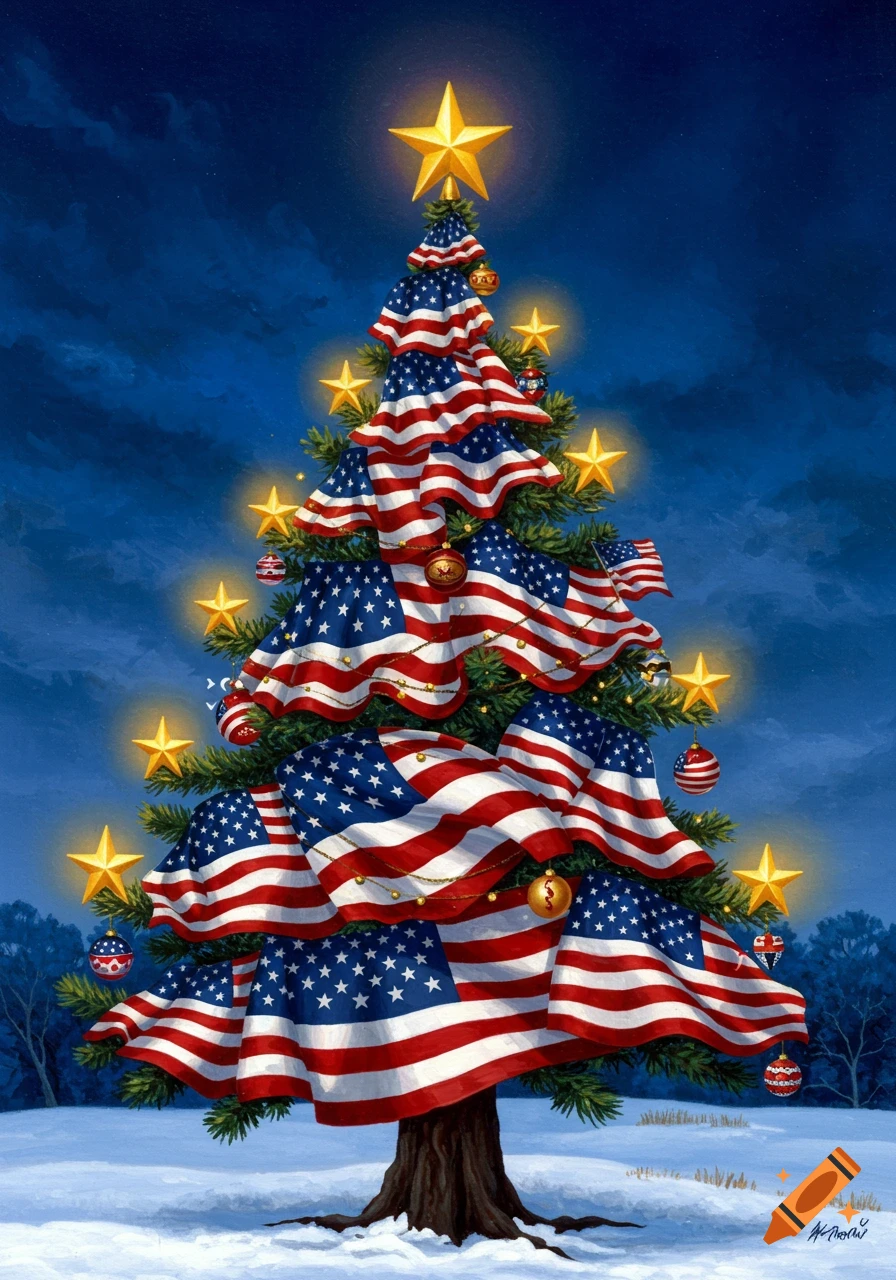 A patriotic Christmas tree adorned with flowing American flags, golden stars, and red, white, and blue ornaments, set in a snowy landscape under a dark blue sky.