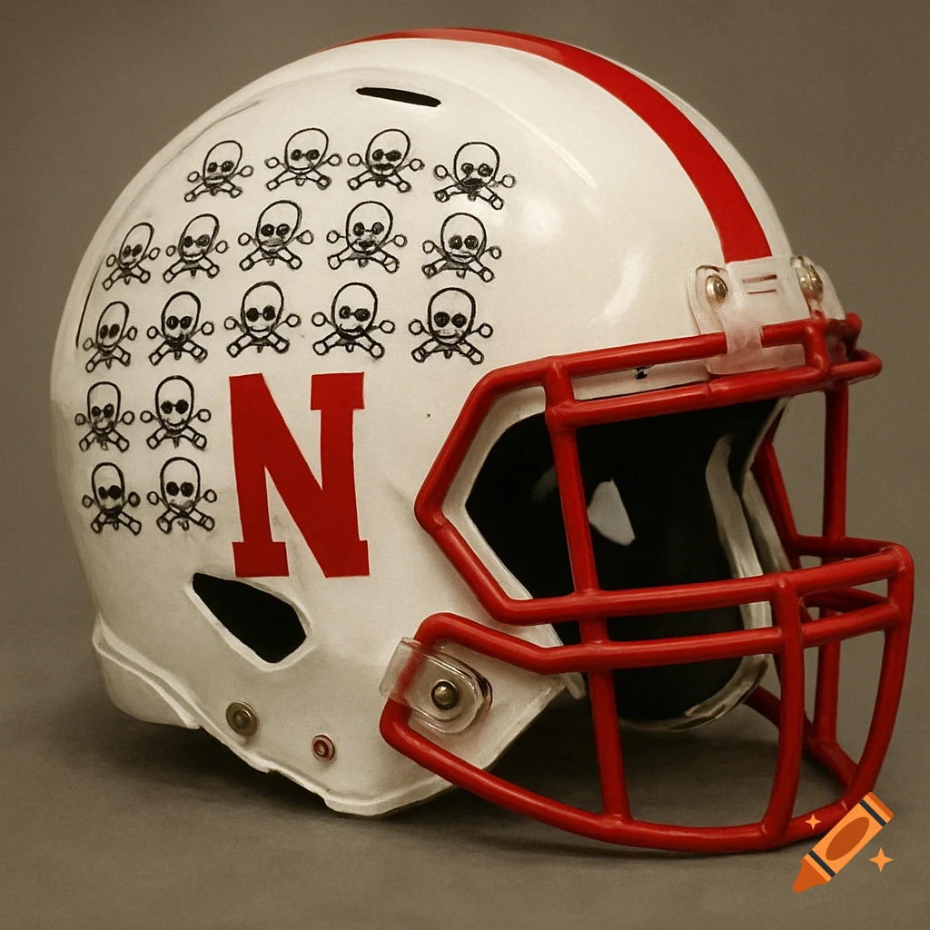 White football helmet with red stripe, red facemask, red 'N', and small black skull & crossbones stickers.