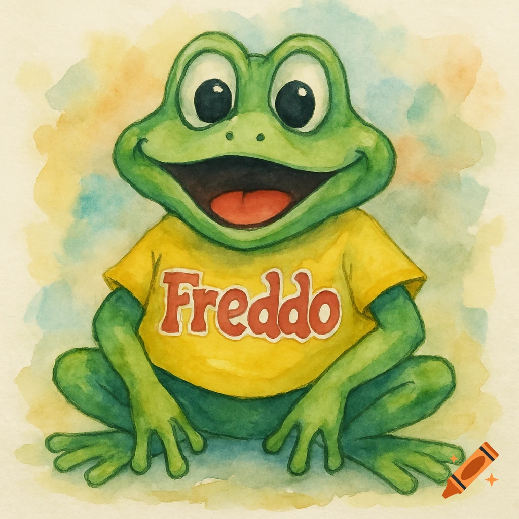 A happy green frog cartoon wearing a yellow t-shirt with 'Freddo' written on it, in a watercolor style.