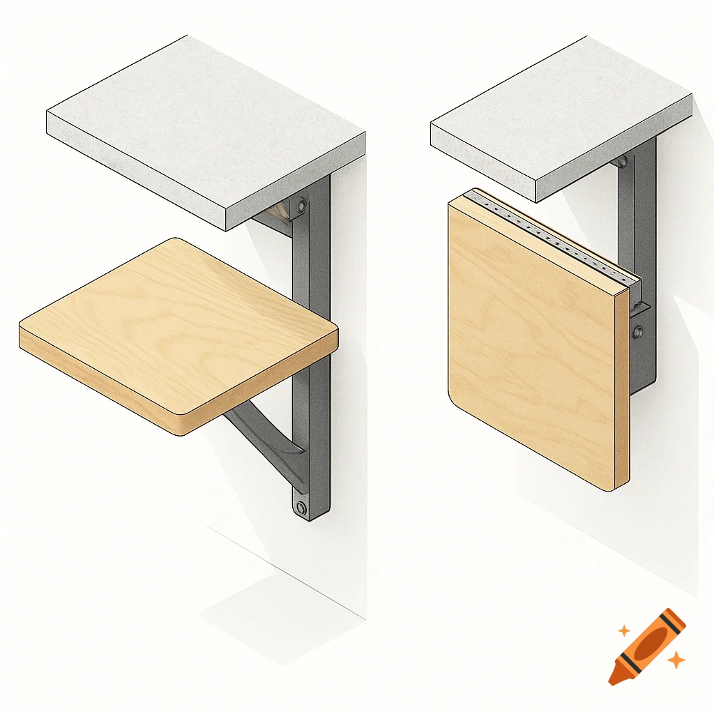 Isometric technical rendering of a wooden fold-away bar stool, shown folded down and folded up under a counter.
