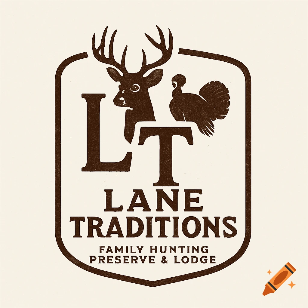 Brown logo with a deer and turkey inside a shield, text reads 'LT LANE TRADITIONS FAMILY HUNTING PRESERVE & LODGE'.