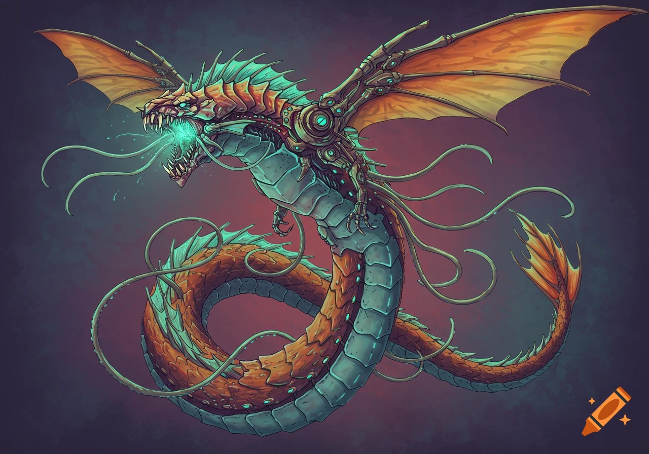 A vibrant orange and teal bio-mechanical sea serpent with mechanical wings and glowing mouth roars, surrounded by tentacles.