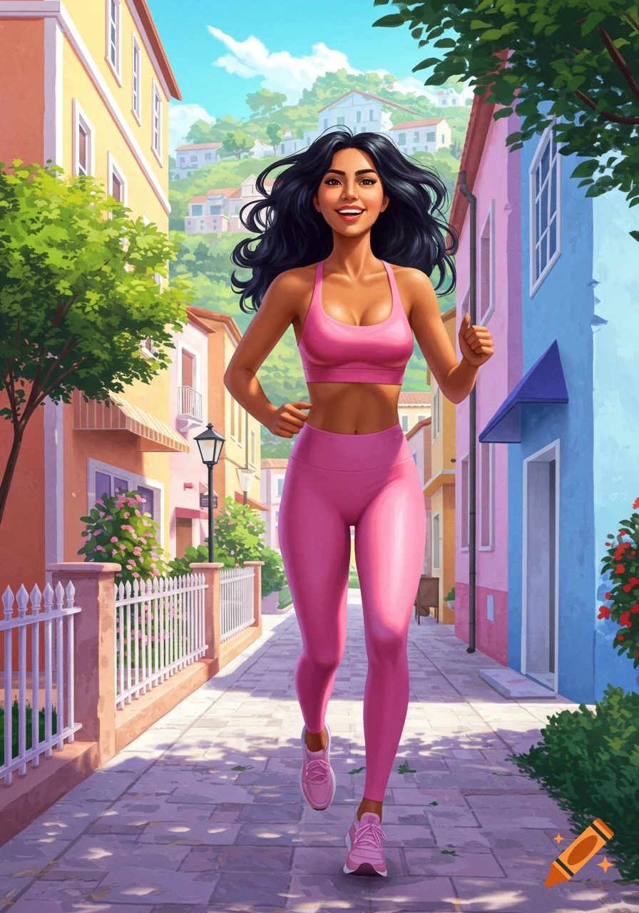 A woman with dark hair in a pink sports bra and leggings runs down a vibrant street in a colorful illustrated neighborhood.
