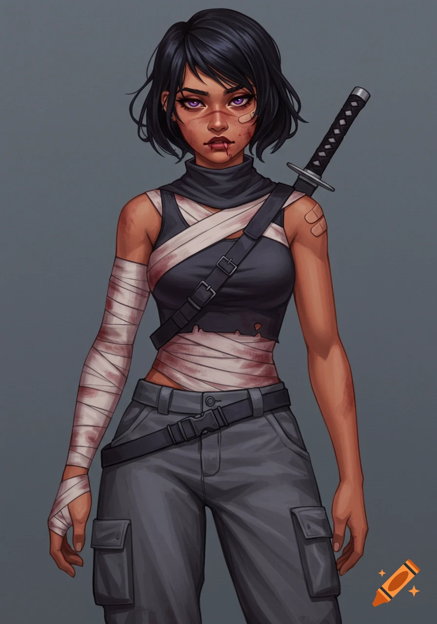 A stylized illustration of a Latina girl with short black hair, purple eyes, bandaged body, wearing a black cowl and gray cargo pants, with a sword on her back.