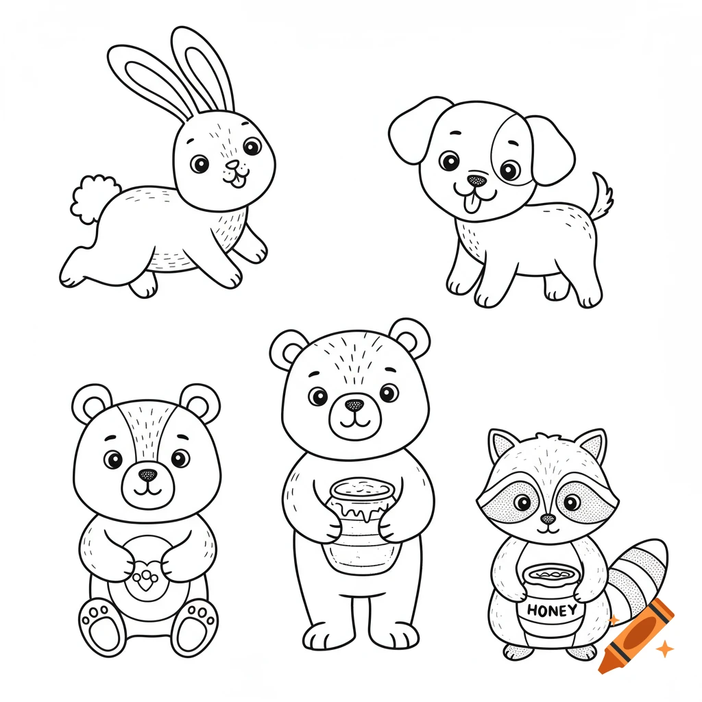 Black and white line art of a rabbit, a puppy, two bears, and a raccoon, designed for coloring.