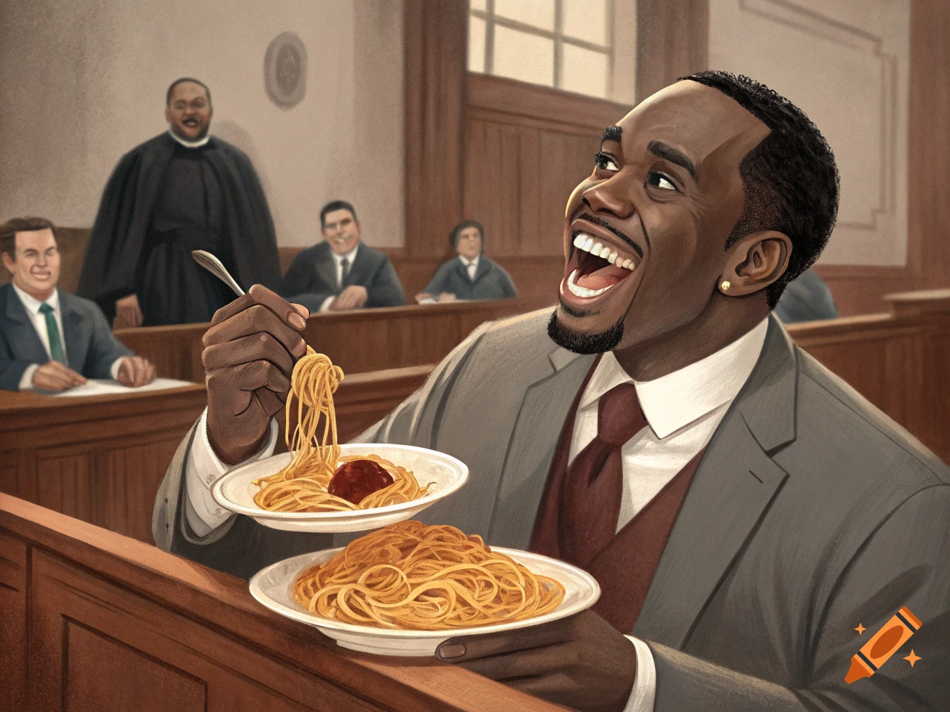 An illustration of a man resembling Diddy, happily eating two plates of spaghetti with a fork in a courtroom setting.
