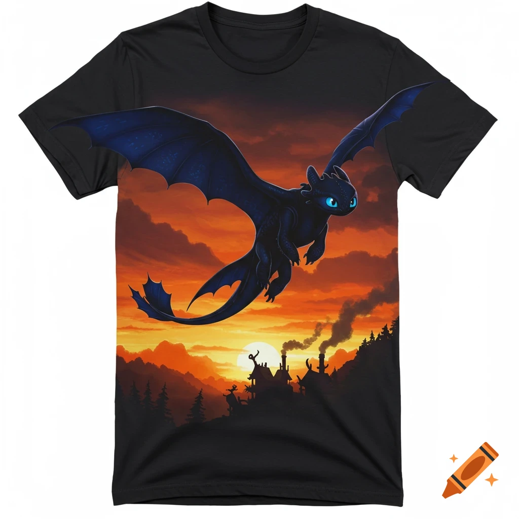 A black t-shirt with Toothless, a black dragon with blue eyes, flying over a village silhouetted against an orange and yellow sunset.