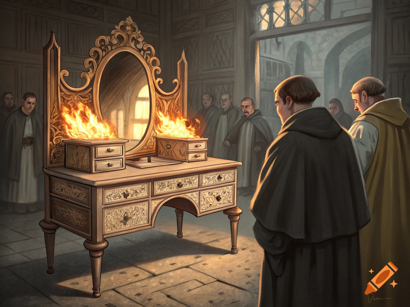 Cloaked figures watch an ornate wooden dressing table with a mirror and drawers that is engulfed in flames in an old, ornate room, painterly style.