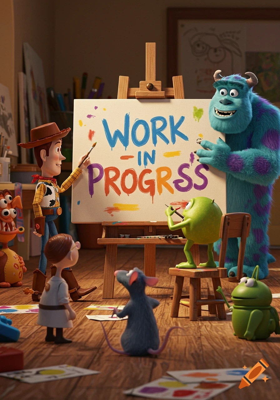 Pixar characters Woody, Sulley, Mike, Remy, and others painting "WORK IN PROGRESS" on an easel in a colorful animated scene.