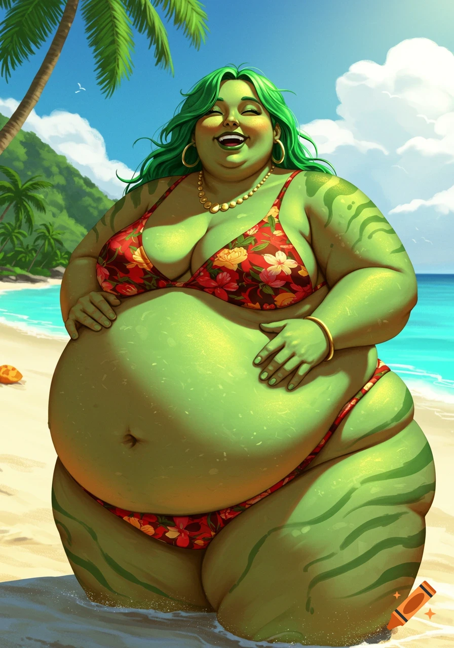 A cheerful, large green-skinned woman with green hair in a red floral bikini smiles on a sunny beach, holding her belly.