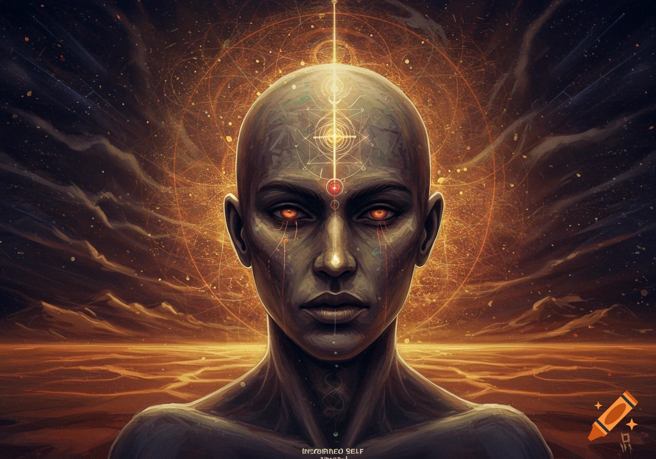 An abstract, spiritual portrait of a bald person with glowing orange eyes and glowing patterns on their head, against a cosmic, orange-lit landscape.