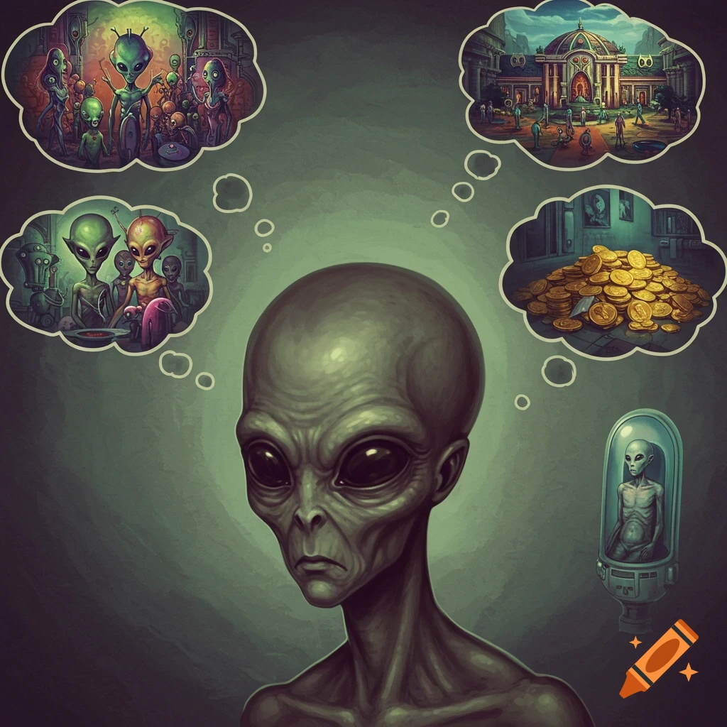 Illustration of a gray alien looking sad, with thought bubbles showing alien family, a large house, piles of gold coins, and an alien in a medical tube.