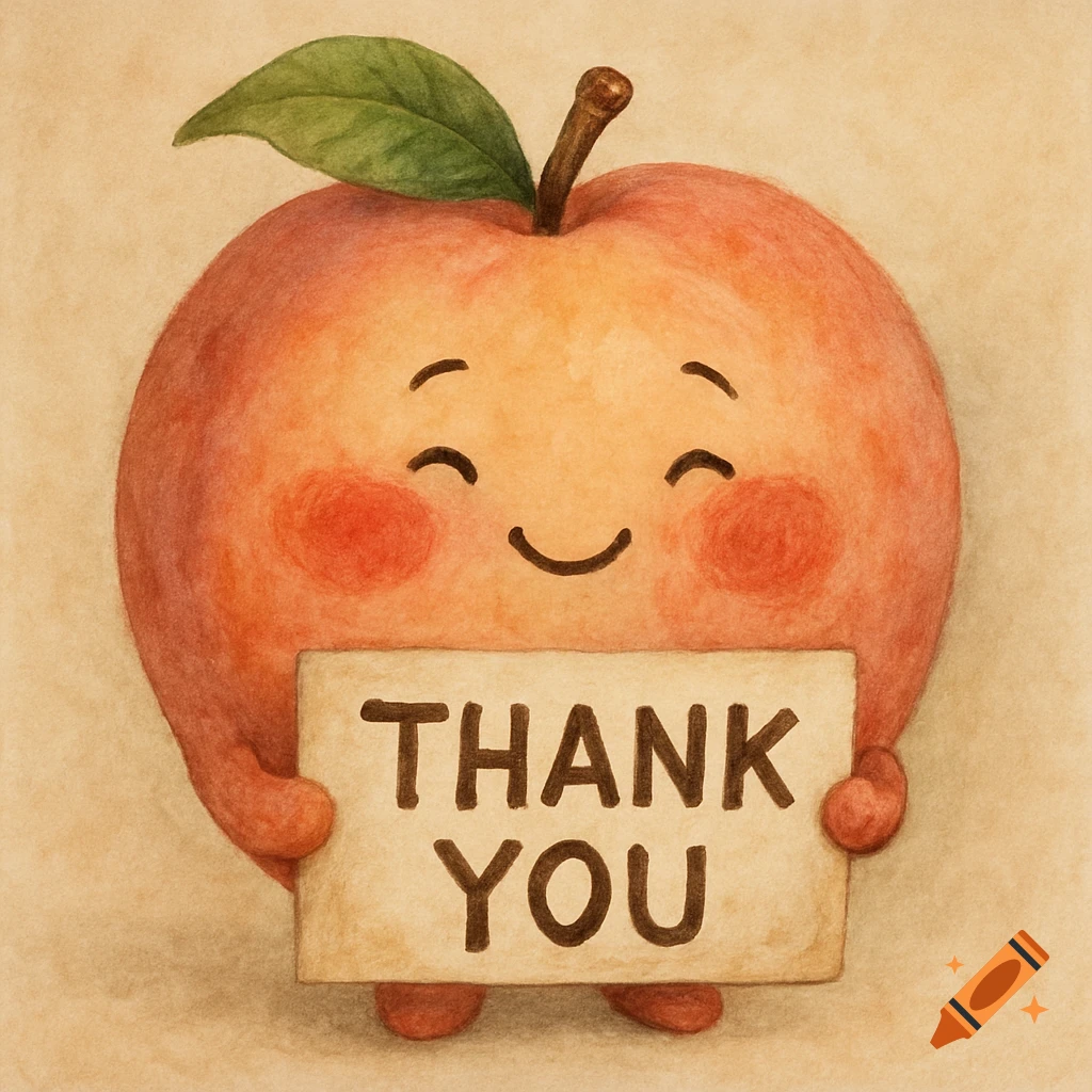 A cute, blushing cartoon apple with a stem and leaf, holding a 'THANK YOU' sign, in a watercolor style.
