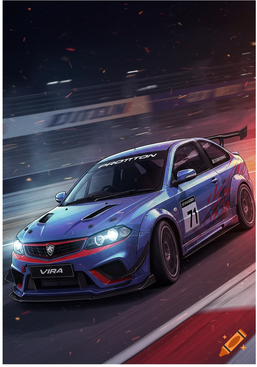 A vibrant blue Proton Vira race car with red accents and wide body kit speeds on a dark track, stylized illustration.