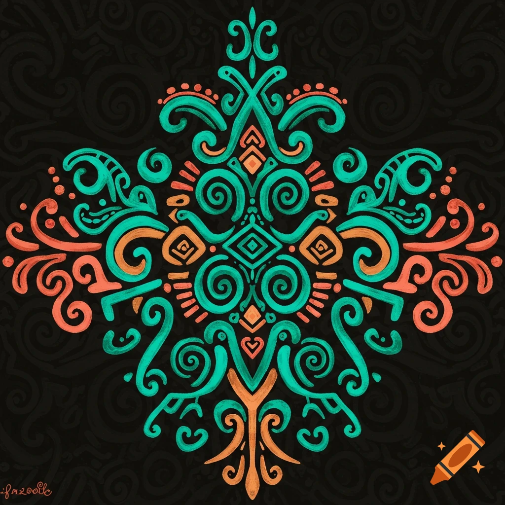 A vibrant, symmetrical abstract pattern in teal, orange, and gold on a dark background, resembling indigenous Taino art.