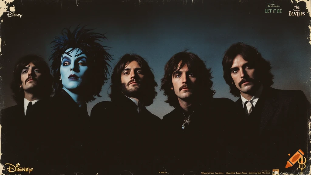 A vintage-style album cover featuring a band resembling The Beatles, with one member having blue skin and dramatic makeup like a Disney villain, all in dark suits.
