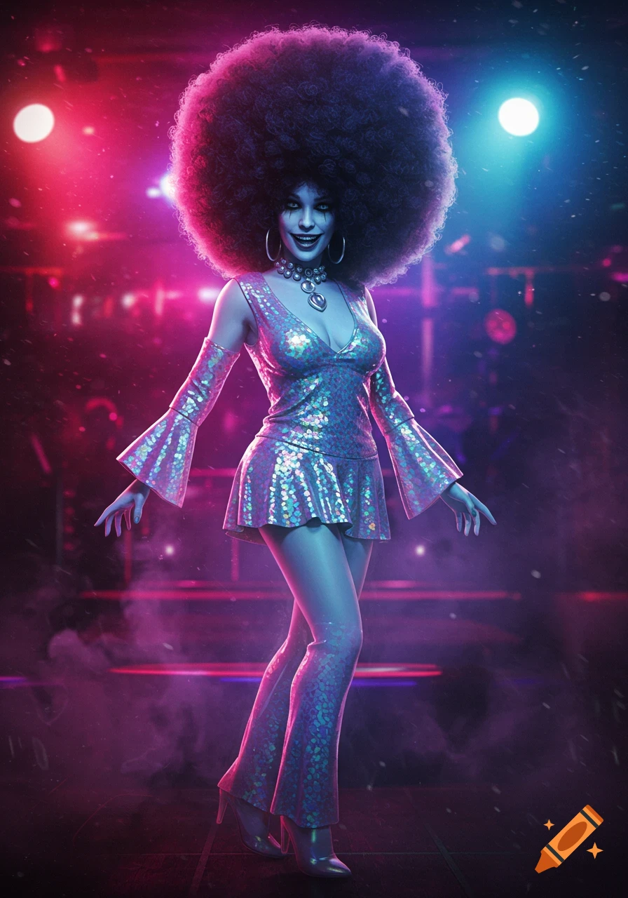 A digital art image of a creepy woman with a large afro and sparkly disco dress on a stage lit with pink and blue lights.